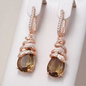 Unique Brown Natural Zircon Snake Dangle Earrings